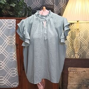 B1-53 Sage Green High Neck Two Button Keyhole Chest Ruffled Sleeve Top - 3X